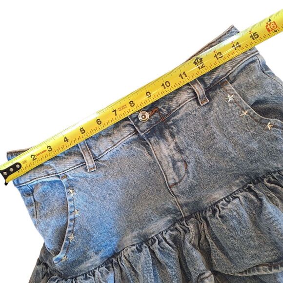 Social Collision Denim Mini Skirt Ruffle Tiers Star Studded Party Skirt Jrs S - Picture 6 of 13